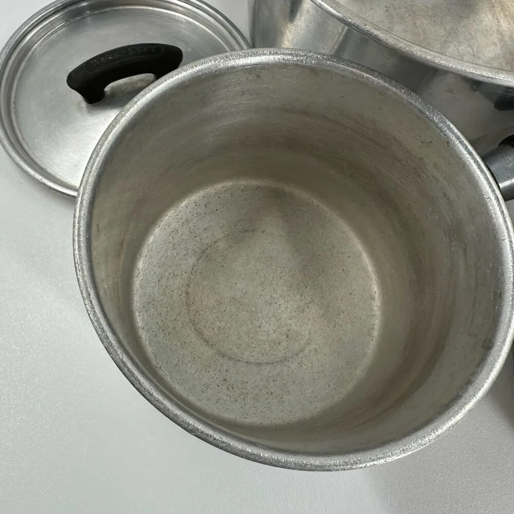 Vintage Wear-Ever TACU Aluminum Saucepan Pot Set 3 Lids Wood Handle Made in USA